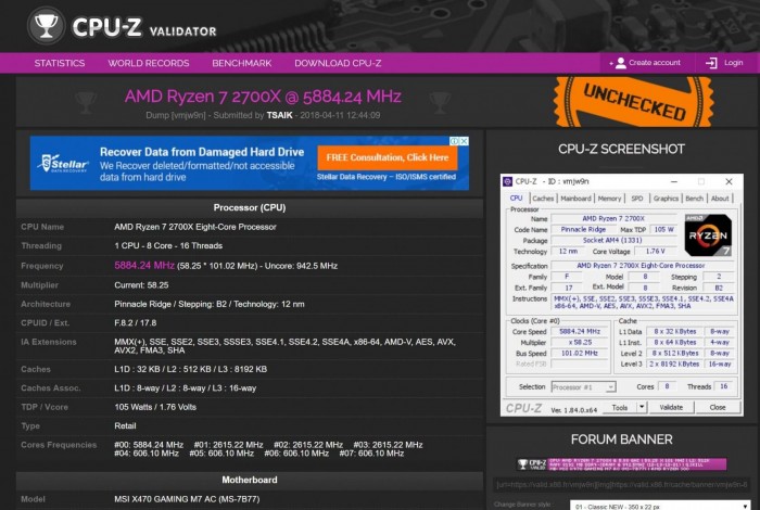 AMD公司Ryzen 2處理器液氮超頻超過5.8GHz