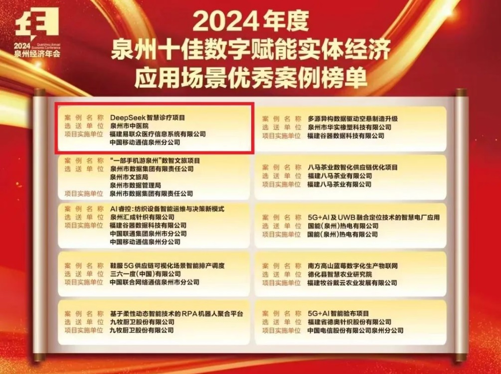 易聯(lián)眾醫(yī)信助力泉州市中醫(yī)院DeepSeek項目入選泉州十佳數(shù)字賦能案例